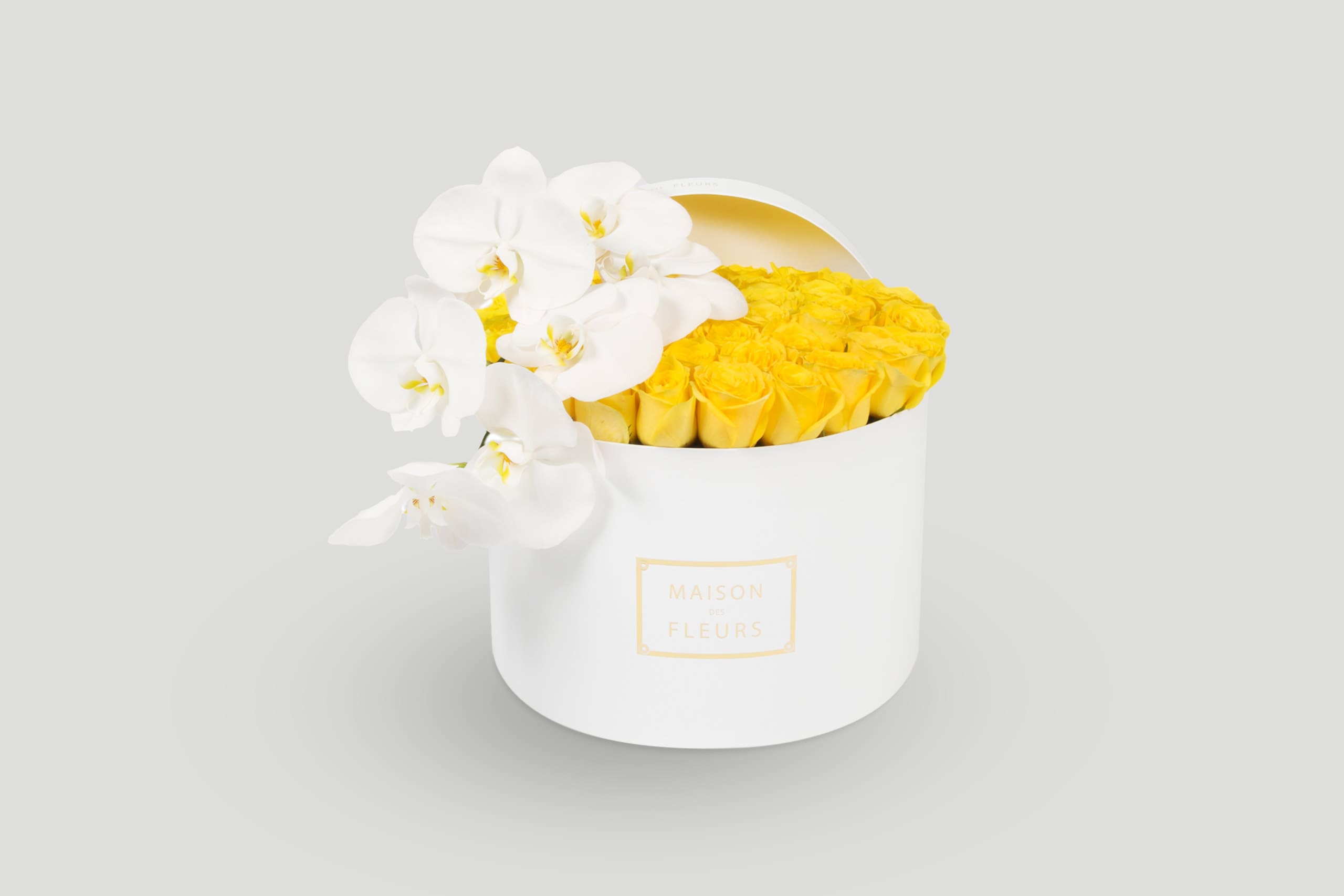 Yellow Roses & White Orchids Flowers Arrangement in a White Round Box