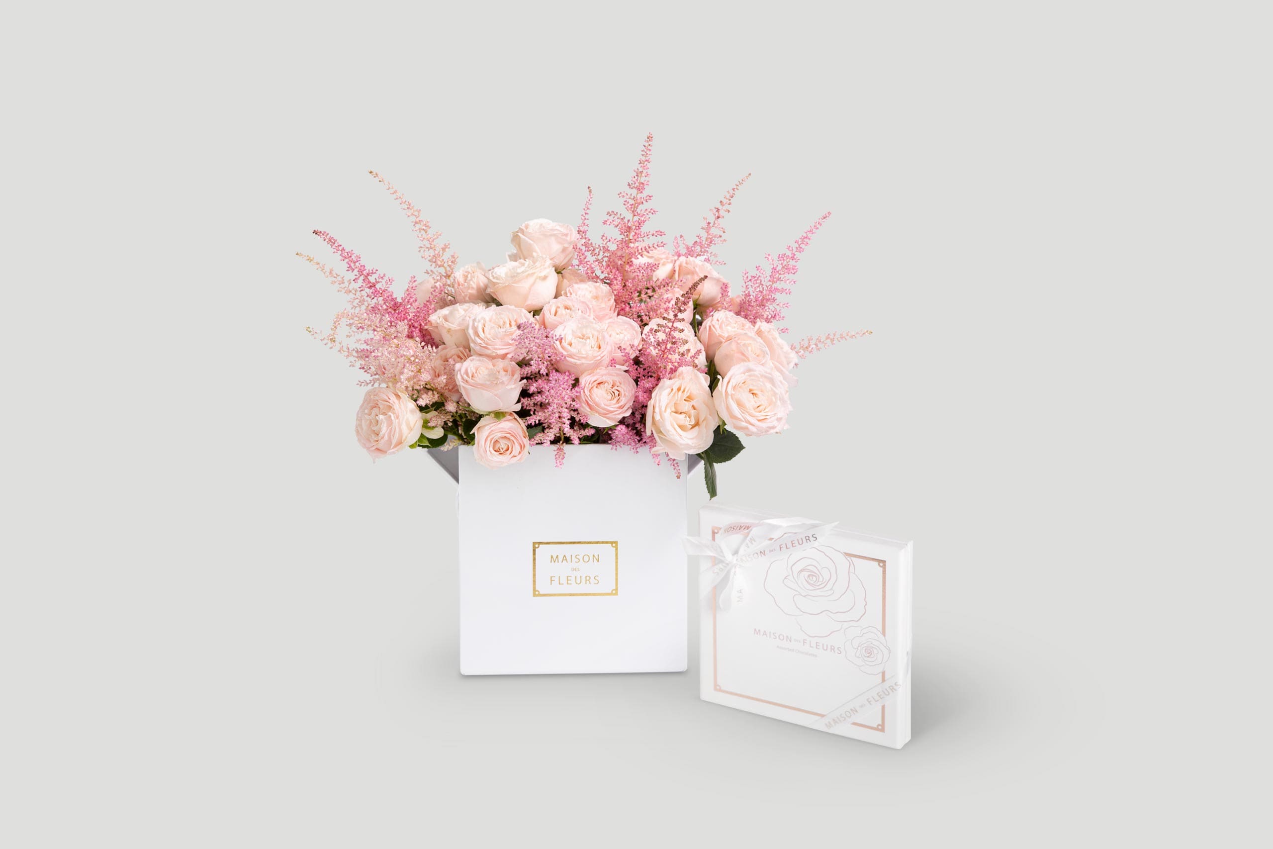 Blush Roses and Astilbe in a White Box