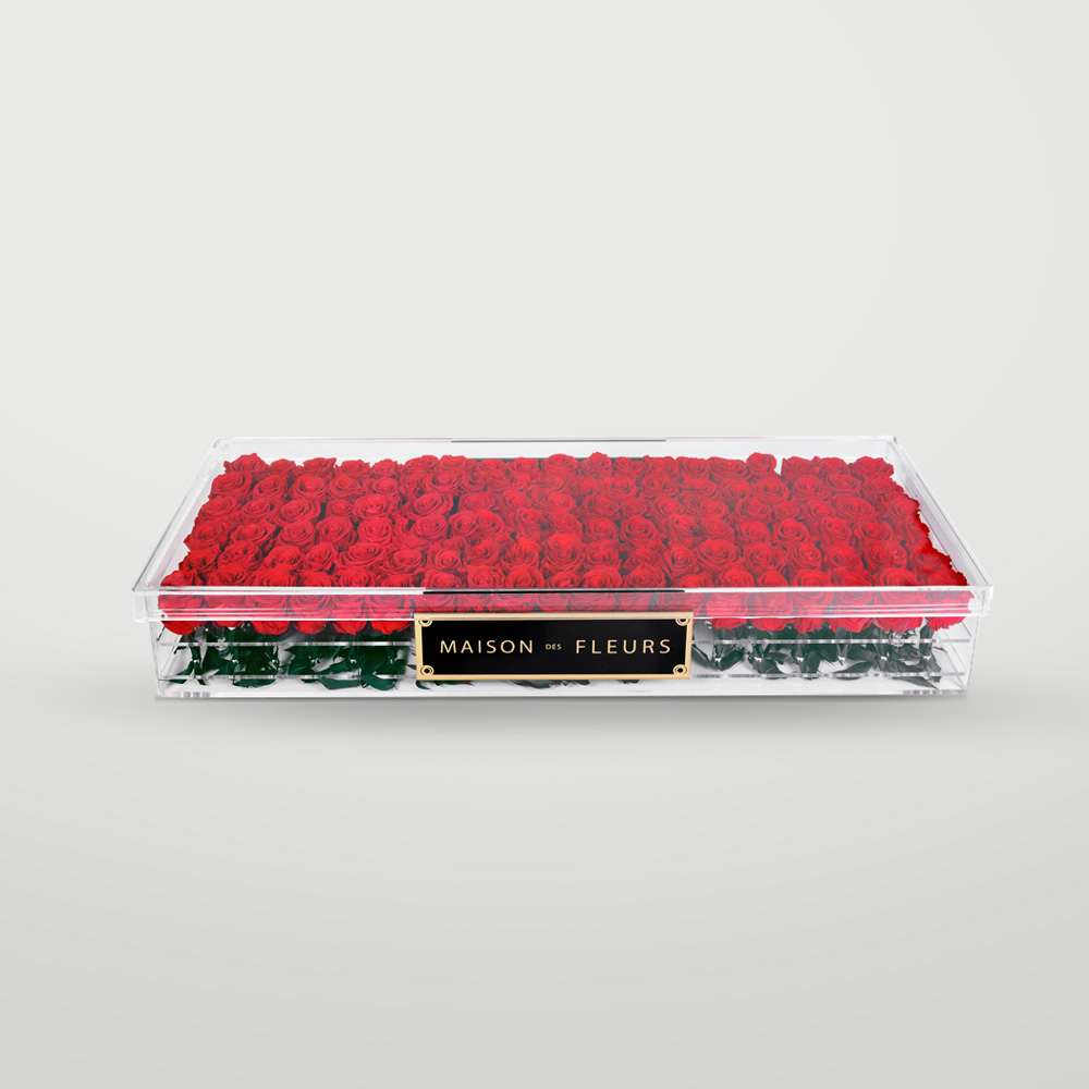 Long Life Red Roses in a Large Rectangular Acrylic Box