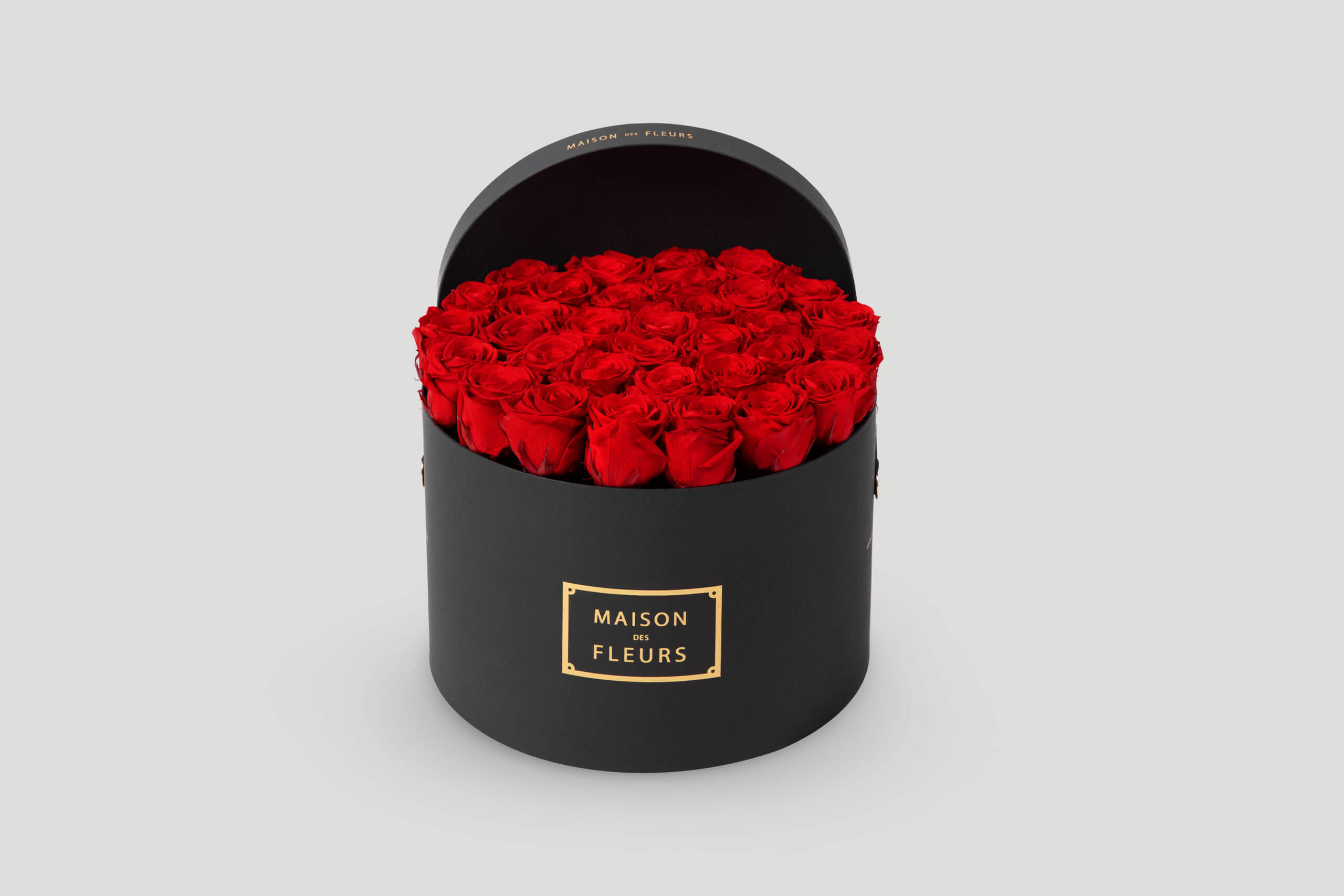 Red Long Life Roses in A Round Black Box
