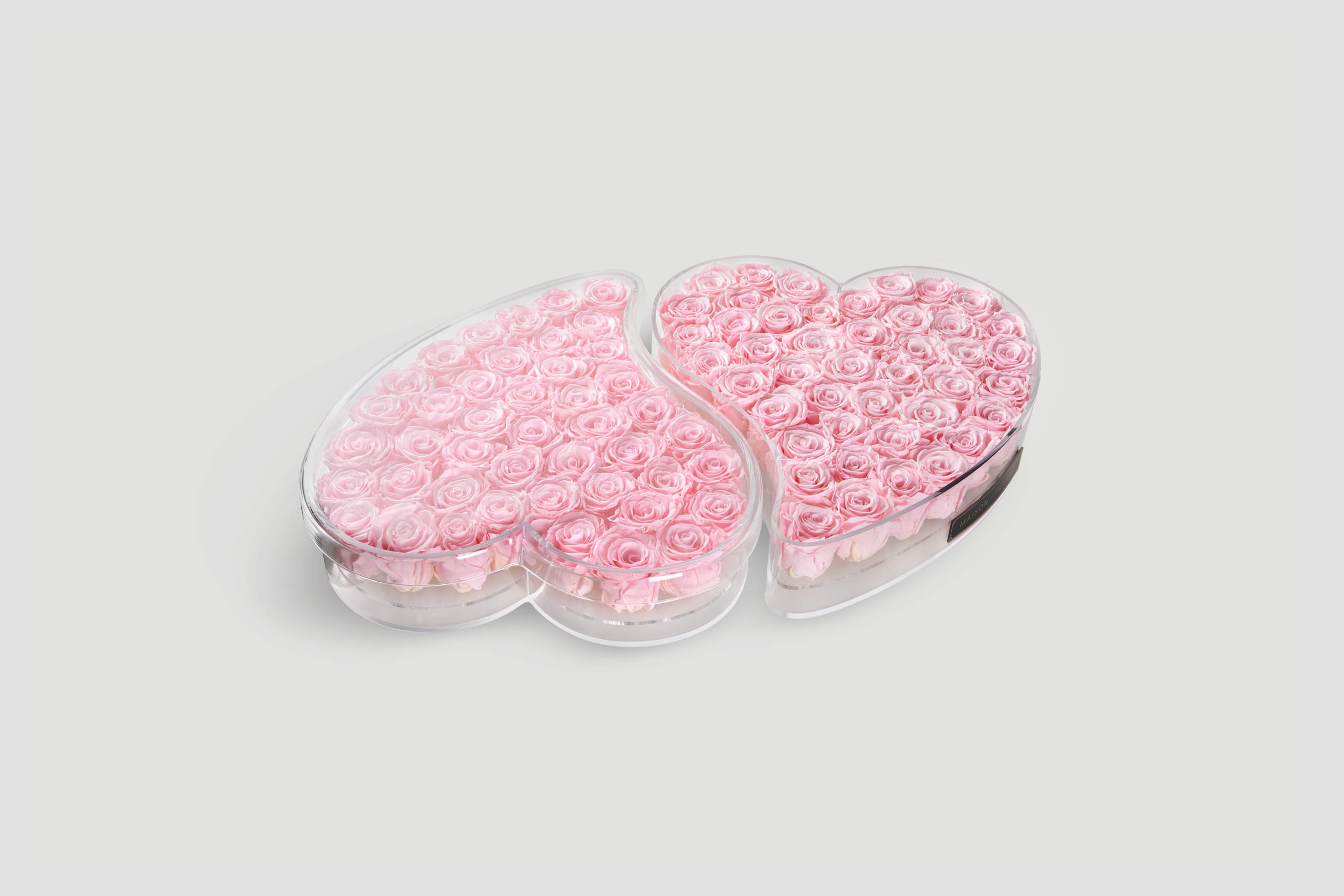 Double Heart-Shaped Acrylic Box Filled With Light Pink Roses