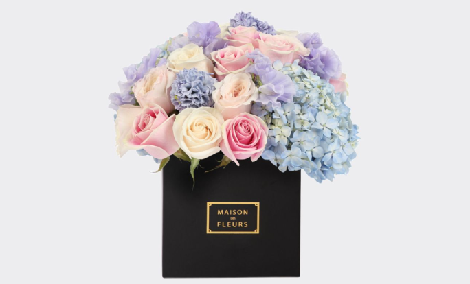 Floral Arrangement with Pink Roses and Blue Hydrangeas in a Black Box